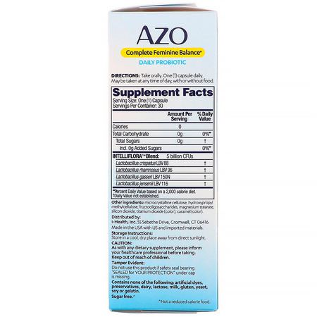 酵母菌, 念珠菌: Azo, Complete Feminine Balance, Daily Probiotic, 30 Once Daily Capsules