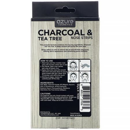 面膜, 面膜: Azure Kosmetics, Charcoal & Tea Tree, Nose Strips, Deep Cleansing, 5 Strips