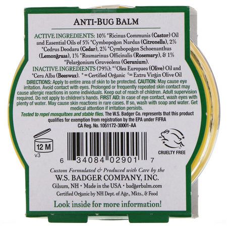 驅蟲劑, 臭蟲: Badger Company, Anti-Bug Balm, Citronella & Rosemary, 2 oz (56 g)
