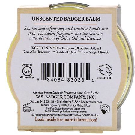 皮膚護理, 手部護理: Badger Company, Badger Balm, For Sensitive Dry Skin, Unscented, 2 oz (56 g)