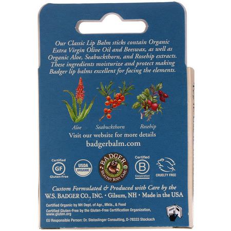 潤唇膏, 護唇: Badger Company, Organic Classic Lip Balm Sticks, Blue Box, 4 Lip Balm Sticks, .15 oz (4.2 g) Each