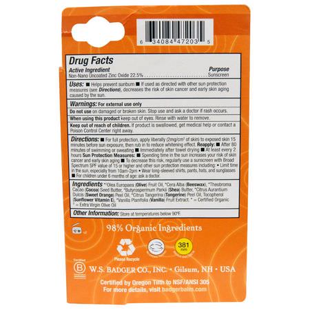 面部防曬霜: Badger Company, Kids Zinc Oxide Sunscreen All Season Face Stick, SPF 35, Tangerine & Vanilla, .65 oz (18.4 g)