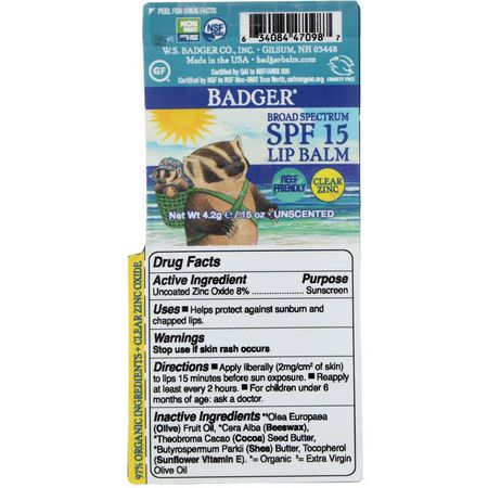 SPF, 潤唇膏: Badger Company, Lip Balm, Clear Zinc, Unscented, SPF 15, 0.15 oz (4.2 g)