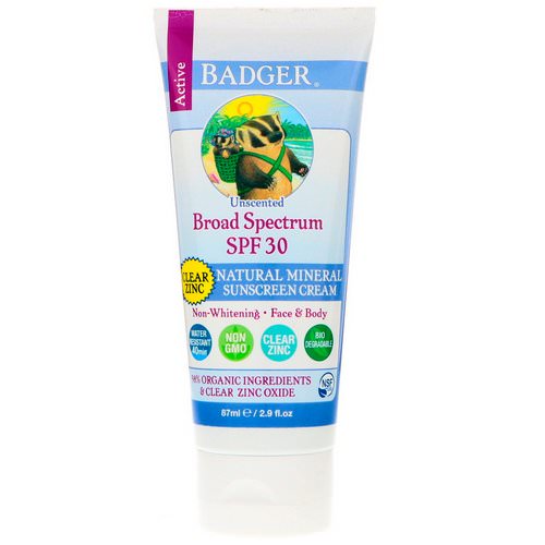 Badger Company, Natural Mineral Sunscreen Cream, Clear Zinc, SPF 30, Unscented, 2.9 fl oz (87 ml) Review