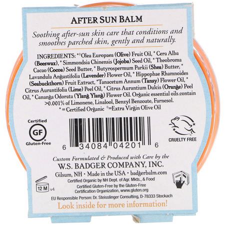 曬後曬太陽: Badger Company, Organic, After Sun Balm, Blue Tansy & Lavender, 2 oz (56 g)
