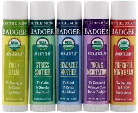 藥膏, 外用藥: Badger Company, Organic, Aromatherapy Travel Kit, 5 Pack, .15 oz (4.3 g) Each