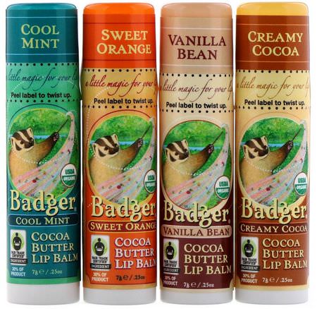 禮品套裝, 潤唇膏: Badger Company, Organic, Cocoa Butter Lip Balms Set, 4 Pack, .25 oz (7 g) Each