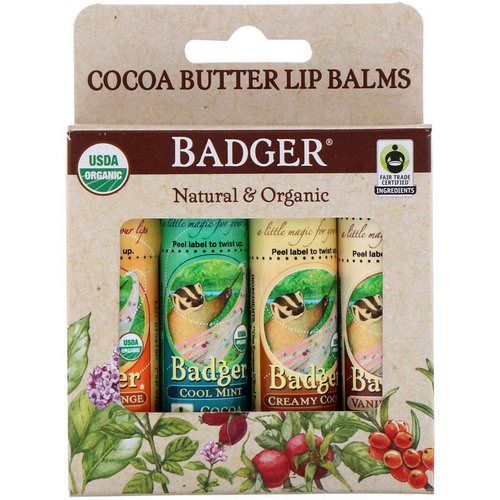 Badger Company, Organic, Cocoa Butter Lip Balms Set, 4 Pack, .25 oz (7 g) Each Review
