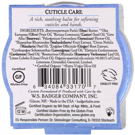指甲護理, 角質層護理: Badger Company, Organic Cuticle Care, Soothing Shea Butter, .75 oz (21 g)
