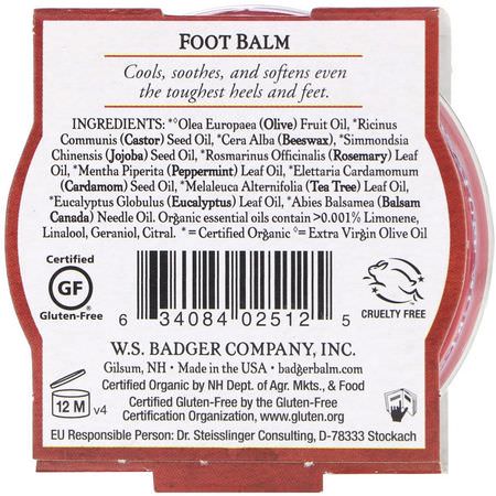 洗浴足部: Badger Company, Organic, Foot Balm, Peppermint & Tea Tree, .75 oz (21 g)
