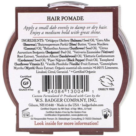 男士髮型, 男士修飾: Badger Company, Organic, Hair Pomade, Navigator Class, 2 oz (56 g)
