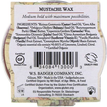 鬍鬚護理, 剃須: Badger Company, Organic Mustache Wax, Man Care, .75 oz (21 g)