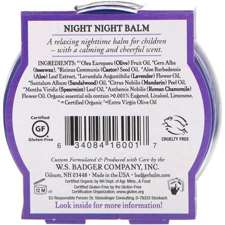 兒童草藥, 順勢療法: Badger Company, Organic, Night-Night Balm, Lavender & Chamomile, 2 oz (56 g)