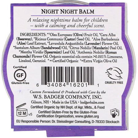 兒童草藥, 順勢療法: Badger Company, Organic, Night-Night Balm, Lavender & Chamomile, .75 oz (21 g)