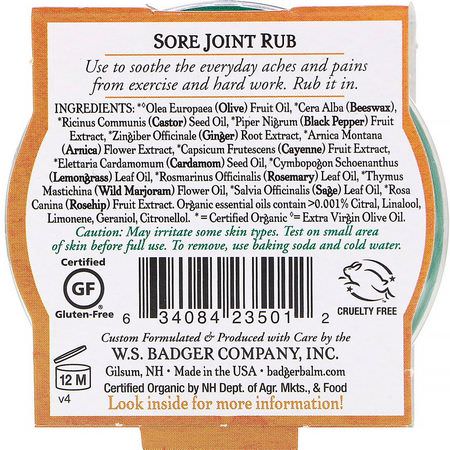 順勢療法, 山金車外用: Badger Company, Organic, Sore Joint Rub, Arnica Blend, .75 oz (21 g)