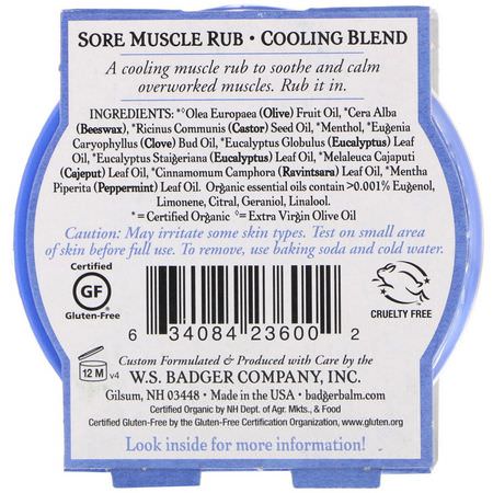 止痛藥膏: Badger Company, Organic Sore Muscle Rub, Cooling Blend, 2 oz (56 g)