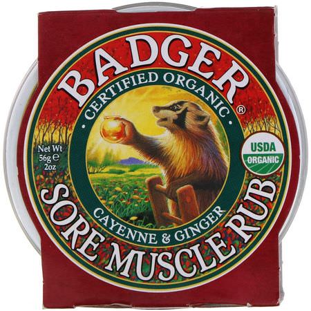 藥膏, 外用藥: Badger Company, Organic, Sore Muscle Rub, Cayenne & Ginger, 2 oz (56 g)