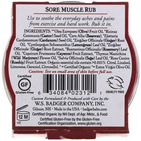 止痛藥膏: Badger Company, Sore Muscle Rub, Cayenne & Ginger, .75 oz (21 g)