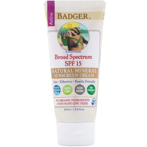 Badger Company, Natural Mineral Sunscreen Cream, Broad Spectrum SPF 15, Unscented, 2.9 fl oz (87 ml) Review