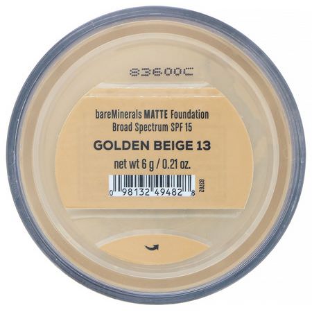 基礎, 臉部: Bare Minerals, Matte Foundation, SPF 15, Golden Beige 13, 0.21 oz (6 g)