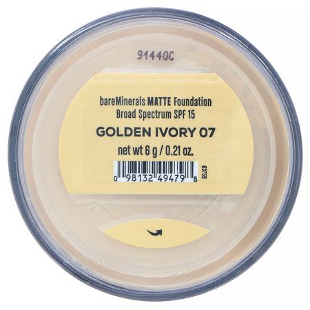 基礎, 臉部: Bare Minerals, Matte Foundation, SPF 15, Golden Ivory 07, 0.21 oz (6 g)