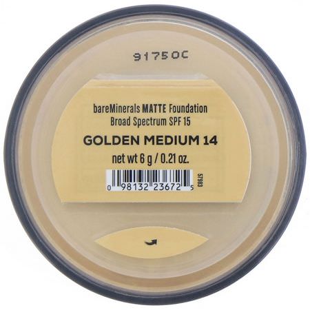 基礎, 臉部: Bare Minerals, Matte Foundation, SPF 15, Golden Medium 14, 0.21 oz (6 g)