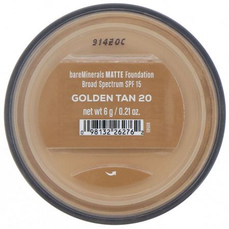 基礎, 臉部: Bare Minerals, Matte Foundation, SPF 15, Golden Tan 20, 0.21 oz (6 g)