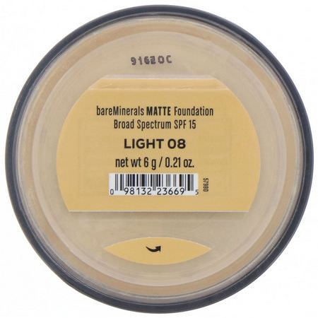 基礎, 臉部: Bare Minerals, Matte Foundation, SPF 15, Light 08, 0.21 oz (6 g)