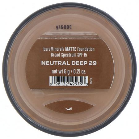 基礎, 臉部: Bare Minerals, Matte Foundation, SPF 15, Neutral Deep 29, 0.21 oz (6 g)