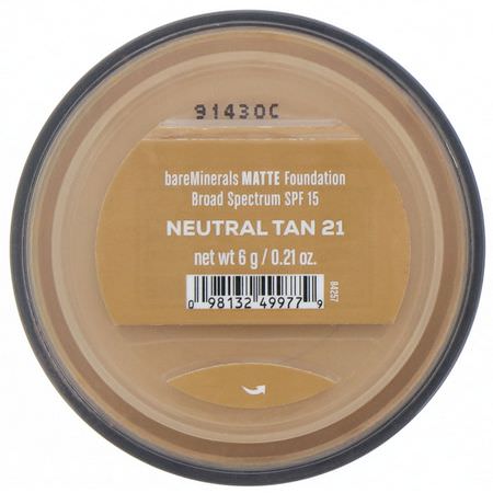 基礎, 臉部: Bare Minerals, Matte Foundation, SPF 15, Neutral Tan 21, 0.21 oz (6 g)