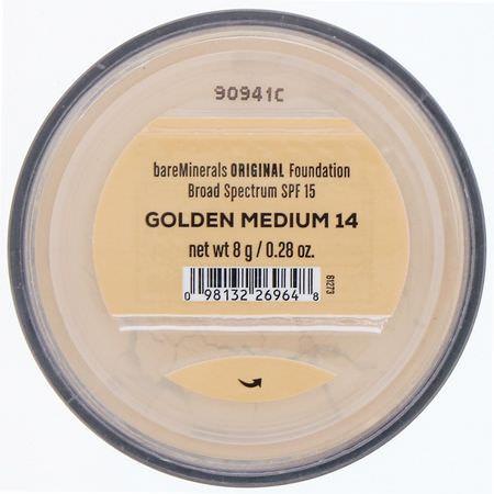 基礎, 臉部: Bare Minerals, Original Foundation, SPF 15, Golden Medium 14, 0.28 oz (8 g)