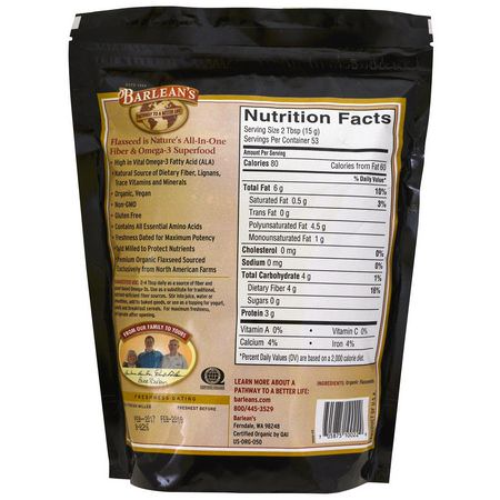 亞麻籽補品, 歐米茄EPA DHA: Barlean's, Organic, Forti-Flax, Premium Ground Flaxseed, 28 oz (1 lb 12 oz)