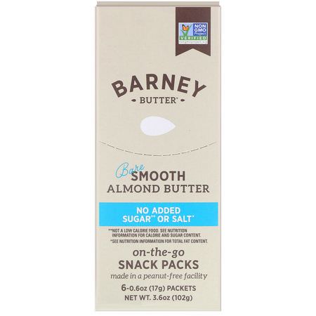 杏仁醬, 果醬: Barney Butter, Almond Butter, On the Go Snack Packs, Bare Smooth, 6 Packets, 0.6 oz (17 g) Each