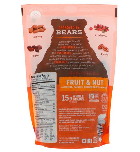 格蘭諾拉麥片, 早餐食品: Bear Naked, 100% Pure & Natural Granola, Fruit and Nut, 12 oz (340 g)