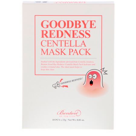 淡斑面膜, 粉刺: Benton, Goodbye Redness Centella Mask Pack, 10 Masks, 0.81 oz (23 g) Each