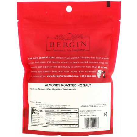 杏仁, 種子: Bergin Fruit and Nut Company, Almonds Roasted, No Salt, 7 oz (198 g)