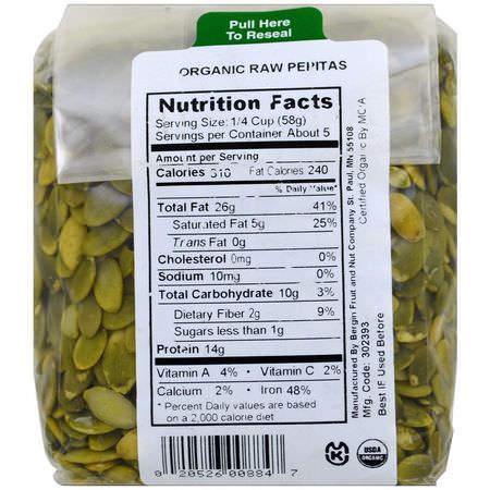 Pepitas, 南瓜籽: Bergin Fruit and Nut Company, Organic Raw Pepitas, 10 oz (284 g)