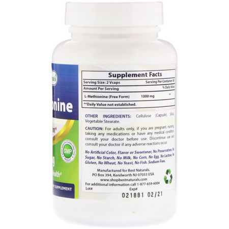 L-蛋氨酸, 氨基酸: Best Naturals, L-Methionine, 500 mg, 120 Vcaps