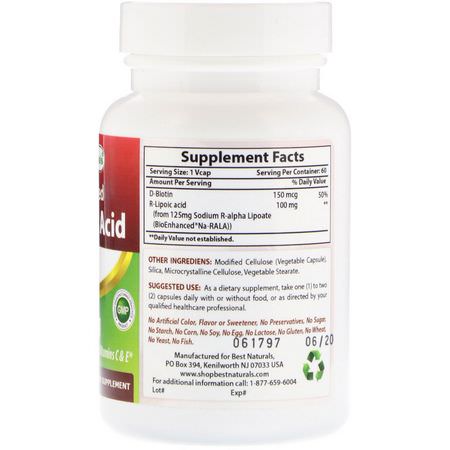 α硫辛酸, 抗氧化劑: Best Naturals, Stabilized R-Lipoic Acid, 100 mg, 60 VCaps