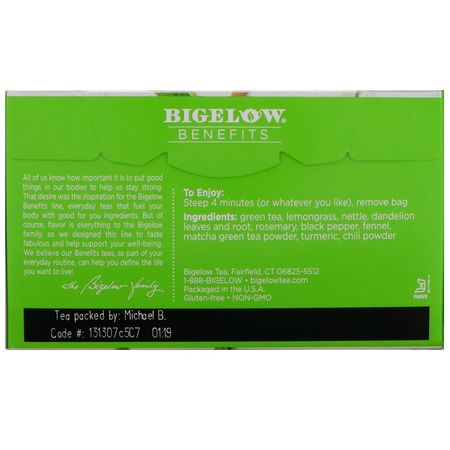 綠茶, 抹茶茶: Bigelow, Benefits, Refresh, Turmeric Chili Matcha Green Tea, 18 Tea Bags, 1.15 oz (32 g)