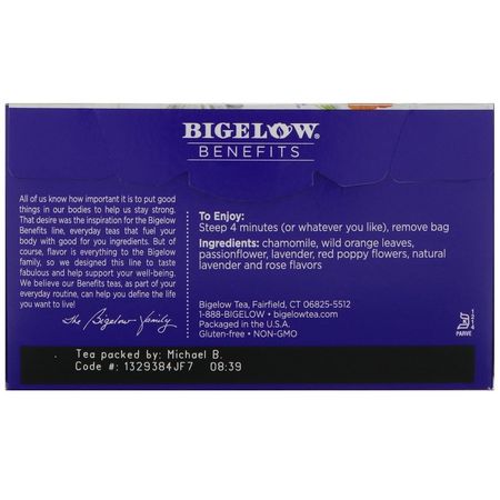 草本茶, 洋甘菊茶: Bigelow, Benefits, Sleep, Chamomile & Lavender Herbal Tea, 18 Tea Bags, 1.06 oz (30 g)
