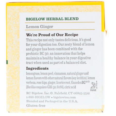 涼茶, 生薑茶: Bigelow, Herbal Tea Plus Probiotics, Lemon Ginger, Caffeine Free, 18 Tea Bags, 1.39 oz (39 g)