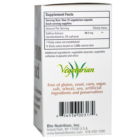 記憶, 認知: Bio Nutrition, Saffron Extract, 50 Veggie Caps