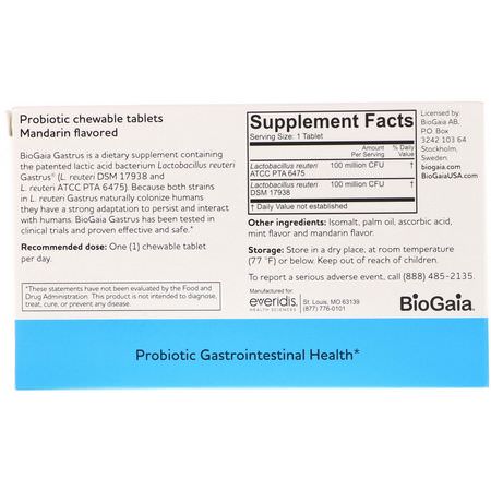 乳酸菌, 益生菌: BioGaia, Gastrus, For GI Tract, Mandarin Flavored, 30 Chewable Tablets