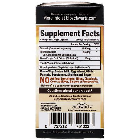 薑黃素, 薑黃: BioSchwartz, Premium Ultra Pure Turmeric Curcumin with Bioperine, 1500 mg, 90 Veggie Caps