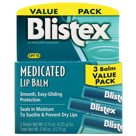 SPF, 藥用: Blistex, Medicated Lip Balm, Lip Protectant/Sunscreen, SPF 15, 3 Balm Value Pack, .15 oz (4.25 g) Each
