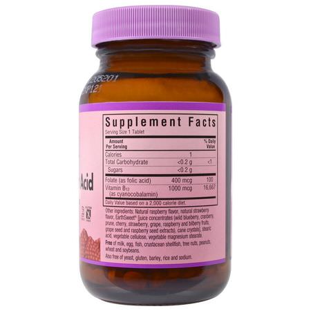 維生素B, 維生素: Bluebonnet Nutrition, EarthSweet Chewables, Vitamin B-12 & Folic Acid, Natural Raspberry Flavor, 180 Chewable Tablets