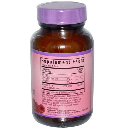 B12, 維生素B: Bluebonnet Nutrition, EarthSweet, Methylcobalamin, Vitamin B-12, Natural Raspberry Flavor, 5000 mcg, 60 Chewable Tablets