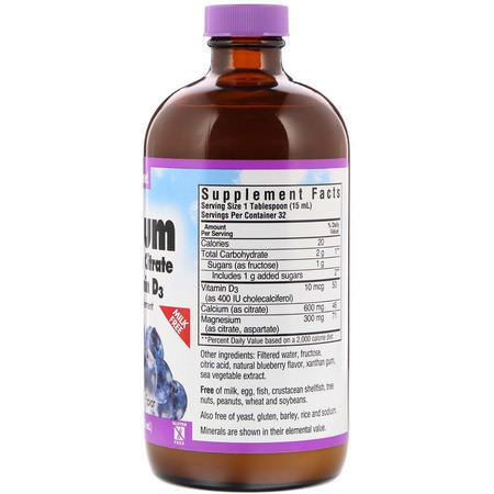 鈣, 礦物質: Bluebonnet Nutrition, Liquid Calcium Magnesium Citrate Plus Vitamin D3, Natural Blueberry Flavor, 16 fl oz (472 ml)