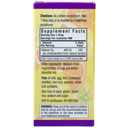 D3膽鈣化固醇, 維生素D: Bluebonnet Nutrition, Liquid Vitamin D3 Drops, Natural Citrus Flavor, 400 IU, 1 fl oz (30 ml)